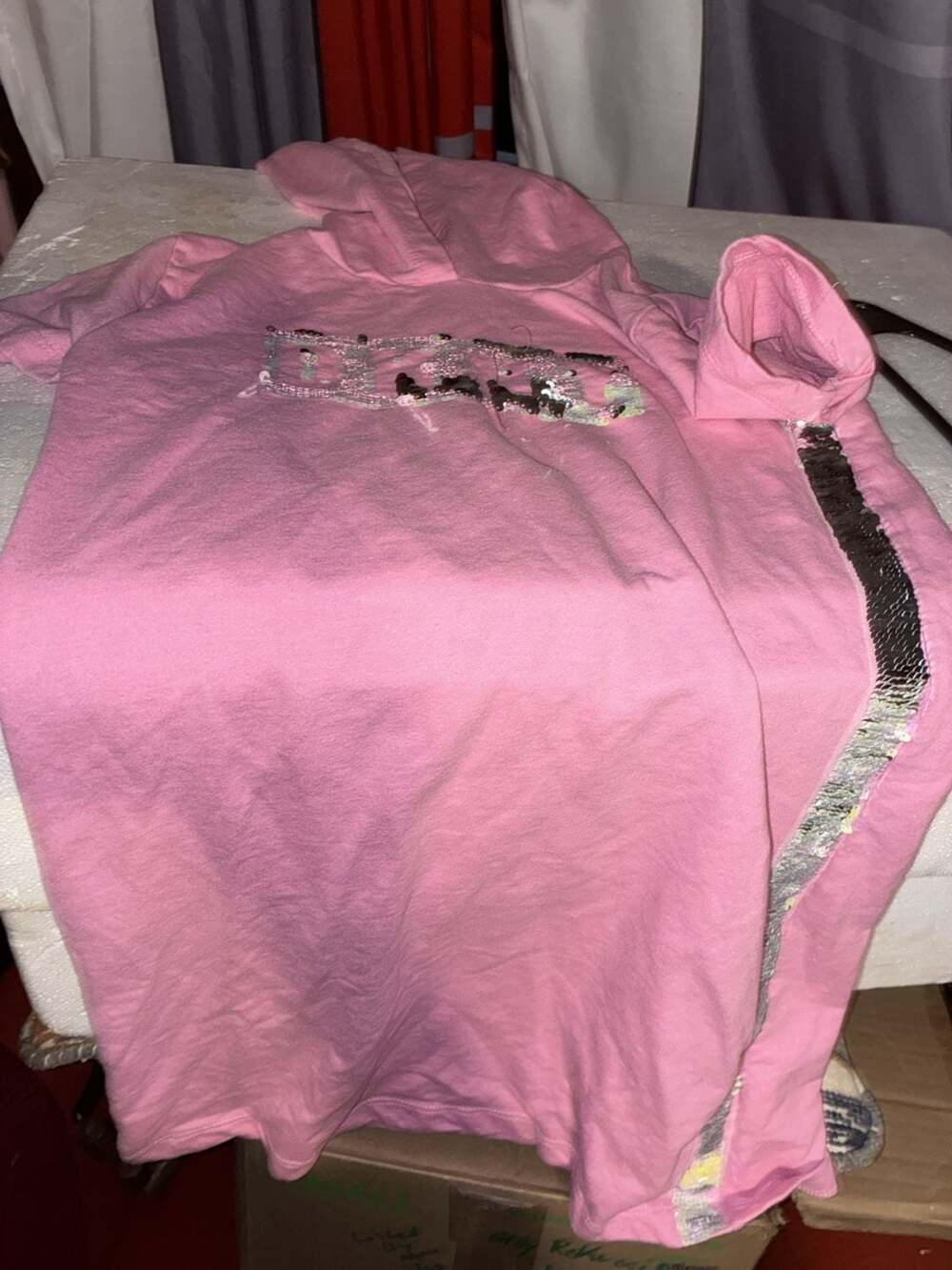 DKNY Girls Pink Sequin Logo Short Sleeve Hoodie Size L 12